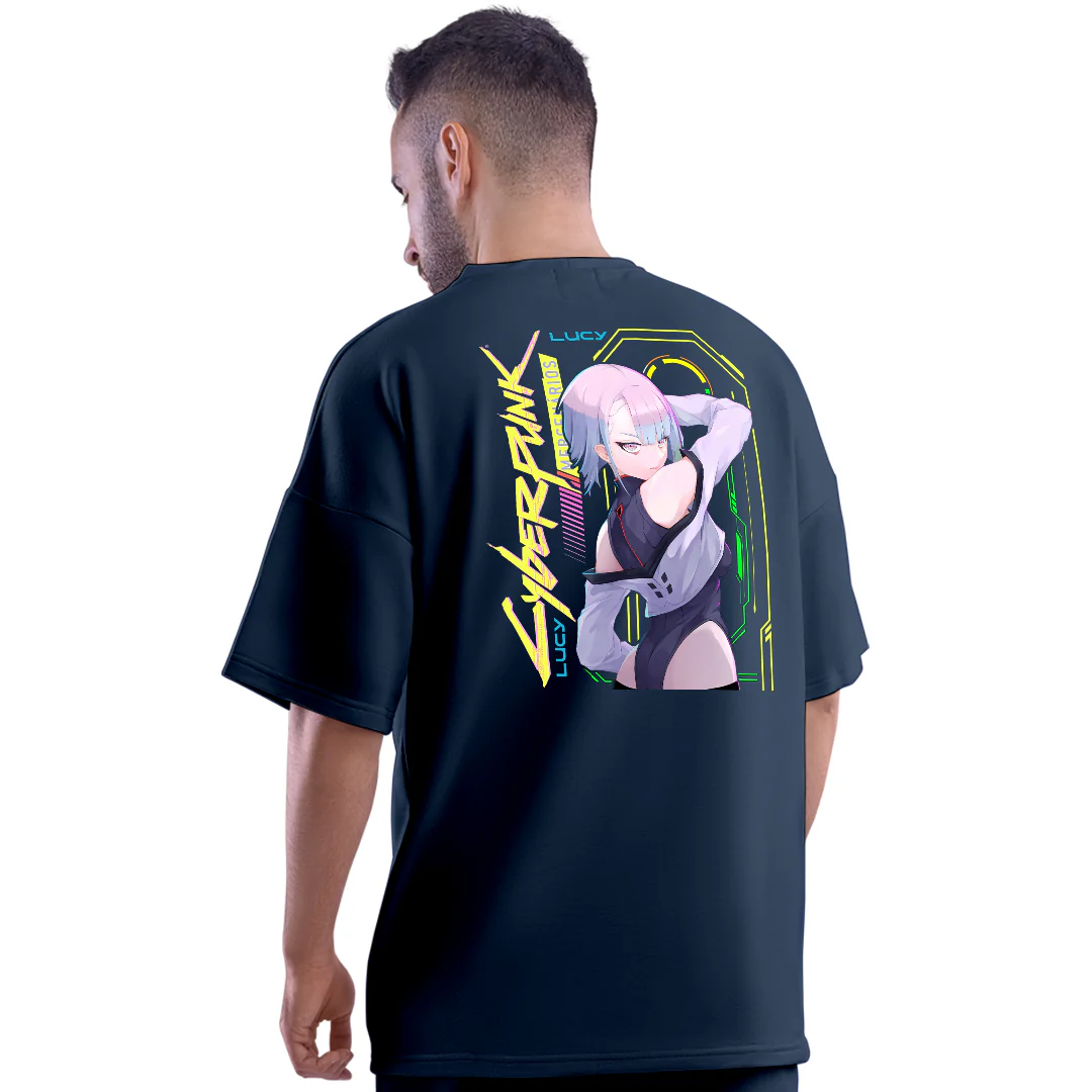 Cyberpunk Lucy Navy Unisex Oversized T-Shirt - Image 3