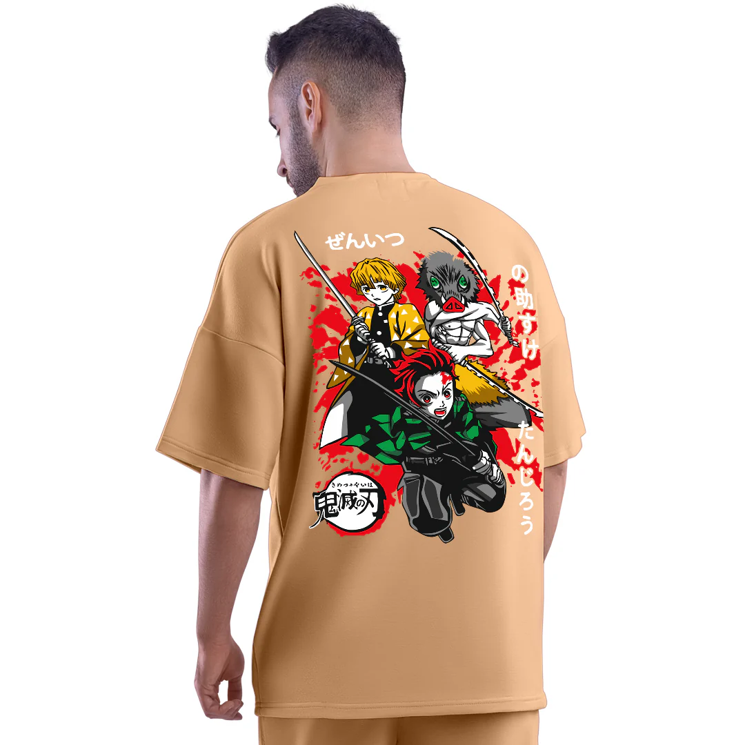 Demon Slayer Trio Taupe Unisex Oversized T-Shirt - Image 3